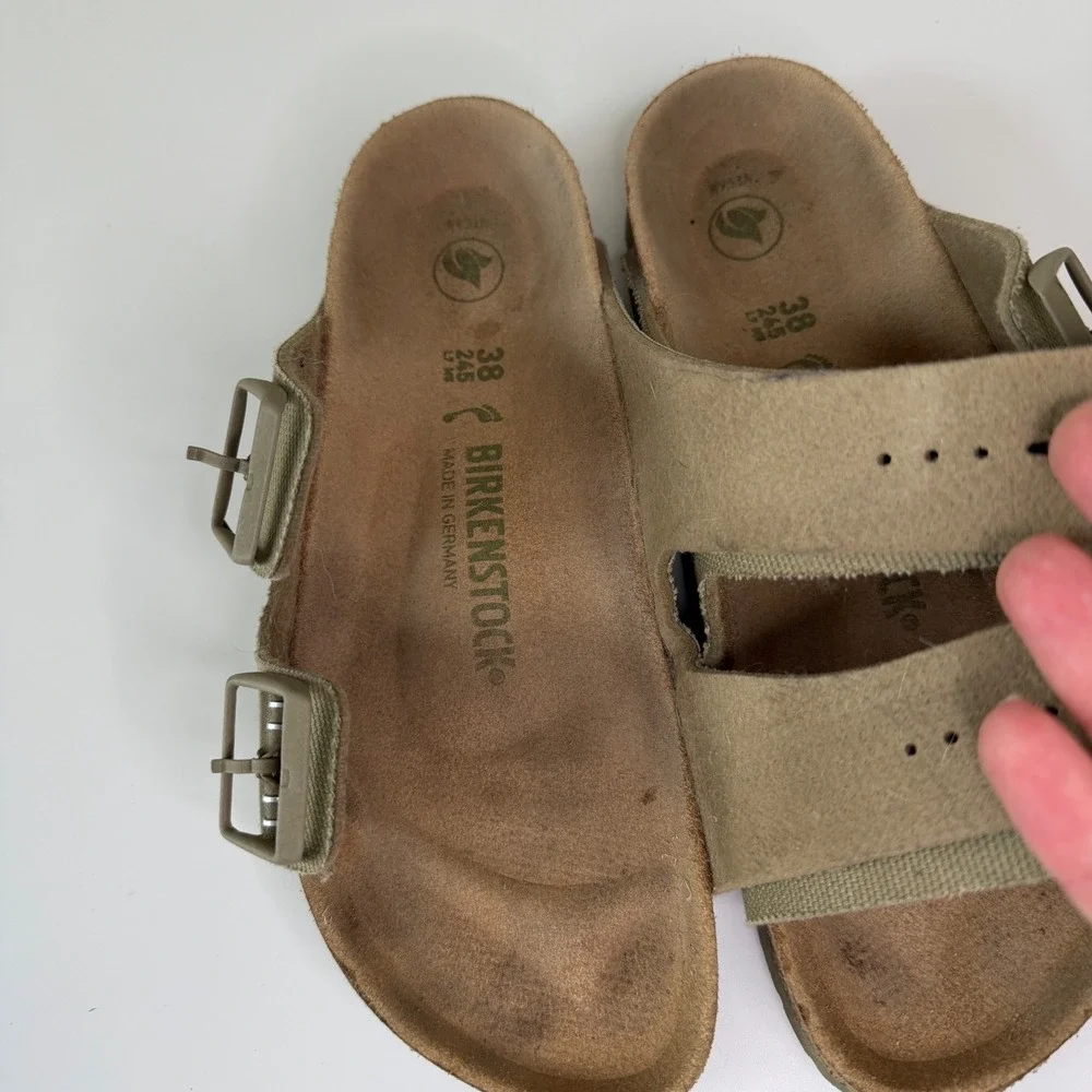Birkenstock Arizona Women 38N Vegan Olive Double Strap Buckle Slides Boho